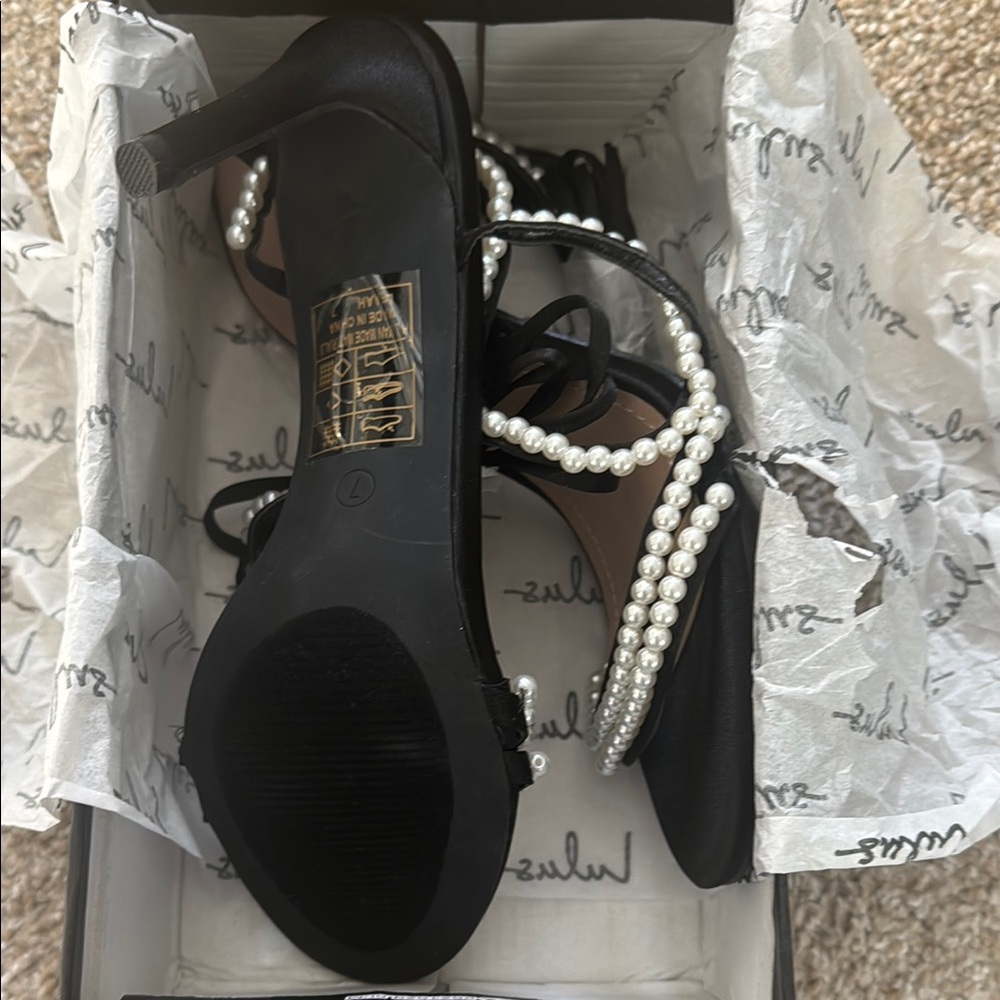 Lulu’s Pearl Black and White Strappy Heels - Picture 3 of 5